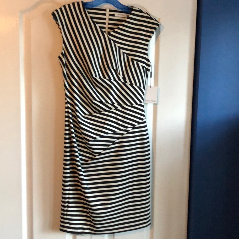 Asymmetrical Calvin Klein strip fitted dress